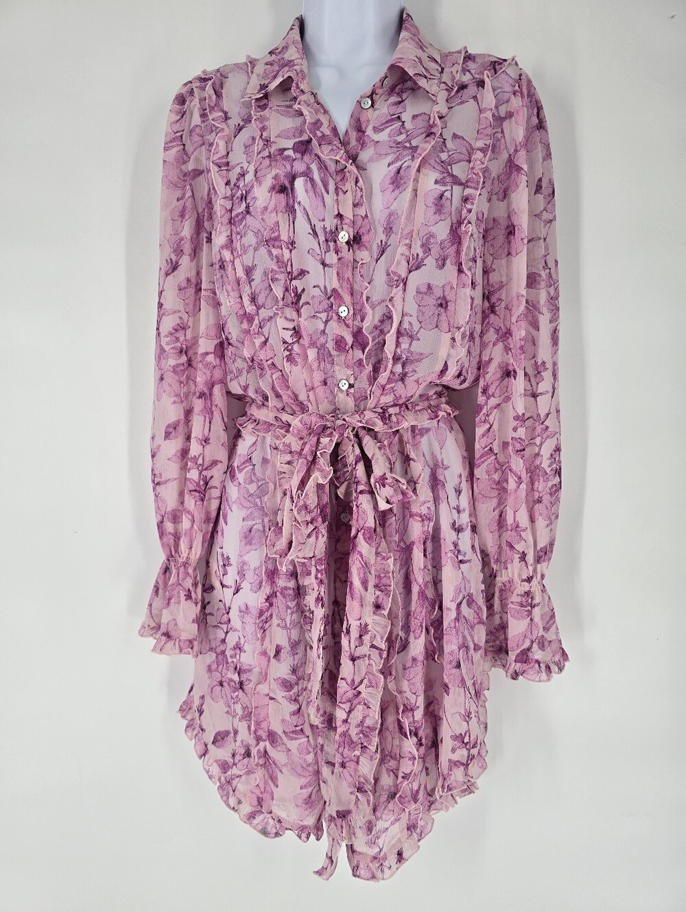 Cinq a Sept Estelle Tie Belt Long Sleeve Floral Pink Dress Size 6 Sheer